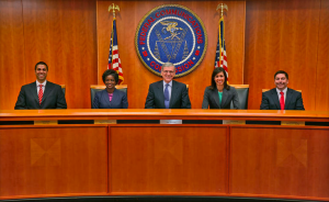 The FCC commissioners (left to right): Ajit Pai, Mignon Clyburn, Tom Wheeler (chairman), Jessica Rosenworcel, and Michael O'Rielly.