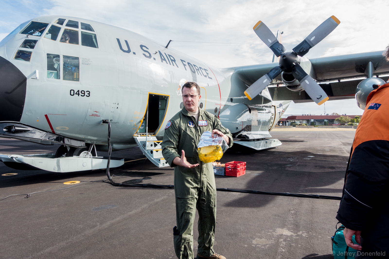 Since the LC-130 is LOUD when it starts up, safety briefing takes place outside of the airplane. Oxygen masks are a bit different on this aircraft, and consist of a chemical oxygen generator coupled to a full-head hood. Much like an emergency fire escape hood.