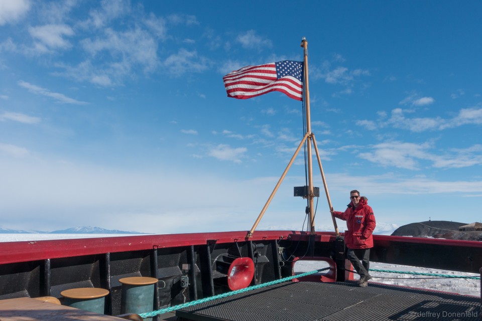 Requisite shot on the stern, with the flag.